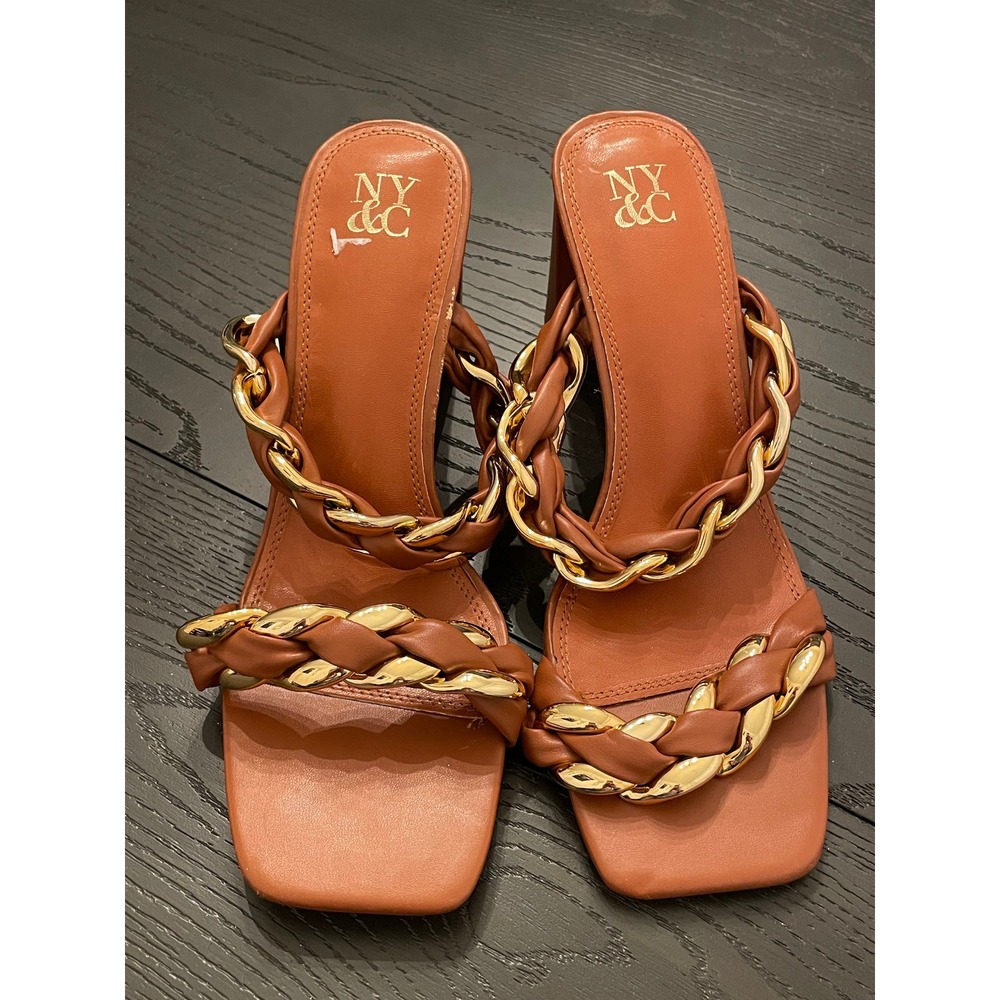 NY&C Brown Gold Chain Detail Heeled Mules Sandals‎ Block Heel Size 10